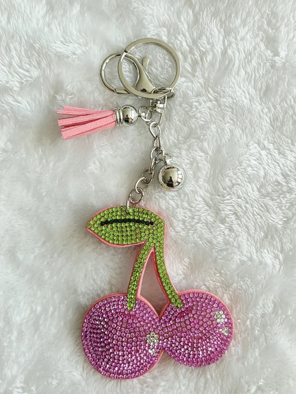 Pink and Green Rhinestone Cherry Keychain Bag Charm